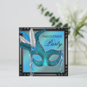 Zwart Blauwgroen Blue Mask Masquerade Party Kaart (Staand voorkant)