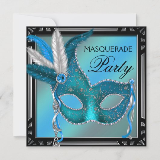 Zwart Blauwgroen Blue Mask Masquerade Party Kaart (Voorkant)