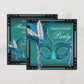 Zwart Blauwgroen Blue Mask Masquerade Party Kaart (Voorkant / Achterkant)