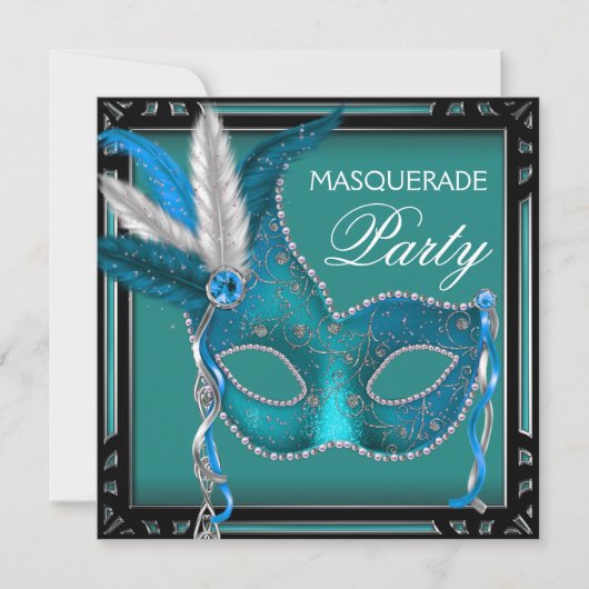 Zwart Blauwgroen Blue Mask Masquerade Party Kaart (Voorkant)