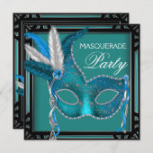 Zwart Blauwgroen Blue Mask Masquerade Party Kaart (Voorkant / Achterkant)