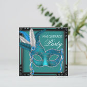 Zwart Blauwgroen Blue Mask Masquerade Party Kaart (Staand voorkant)