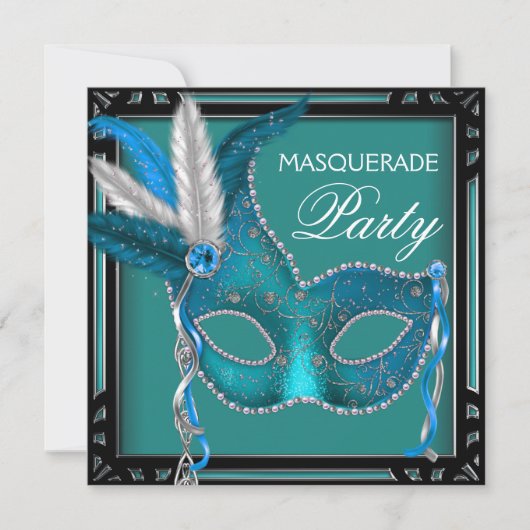 Zwart Blauwgroen Blue Mask Masquerade Party Kaart (Voorkant)