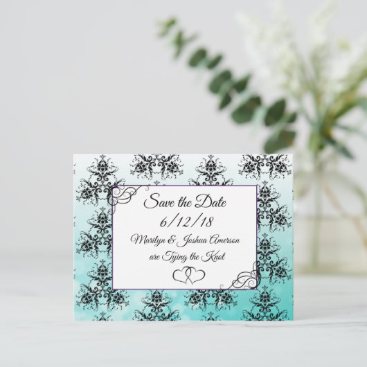Zwart Blauwgroen Damask Bruiloft Save the Date Bri Briefkaart (Staand voorkant)