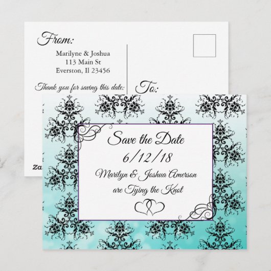 Zwart Blauwgroen Damask Bruiloft Save the Date Bri Briefkaart (Voorkant / Achterkant)