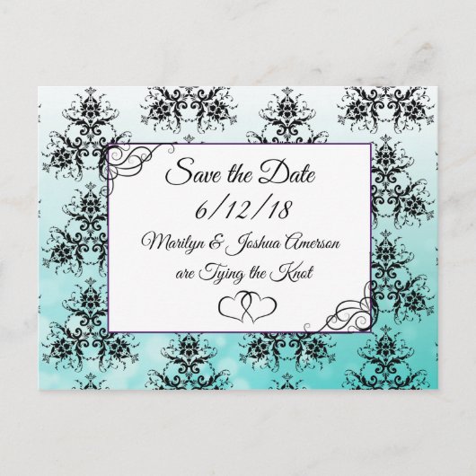 Zwart Blauwgroen Damask Bruiloft Save the Date Bri Briefkaart (Voorkant)