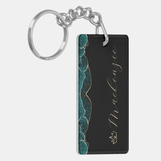 Zwart, Blauwgroen en Goud Elegant Script Gepersona Sleutelhanger (Voorkant Links)