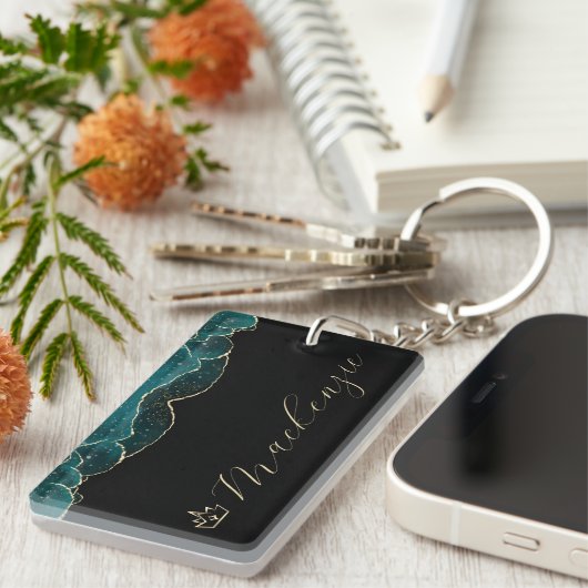 Zwart, Blauwgroen en Goud Elegant Script Gepersona Sleutelhanger (Voorkant Rechts)