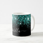 Zwart blauwgroen glitter naam glam script koffiemok (Voorkant rechts)
