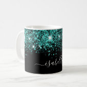 Zwart blauwgroen glitter naam glam script koffiemok (Voorkant links)
