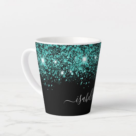 Zwart blauwgroen glitter naam glam script latte mok (Linkerhoek)