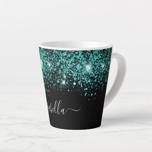 Zwart blauwgroen glitter naam glam script latte mok (Rechterhoek)