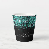 Zwart blauwgroen glitter naam glam script latte mok (Voorkant)