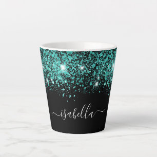 Zwart blauwgroen glitter naam glam script latte mok