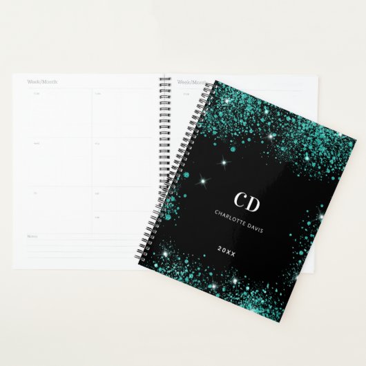 Zwart blauwgroen groen glitter monogram initialen planner (Display)