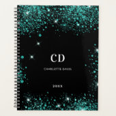 Zwart blauwgroen groen glitter monogram initialen planner (Voorkant)