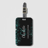 Zwart blauwgroen groen glitterstofmonogram bagagelabel (Voorkant (verticaal))