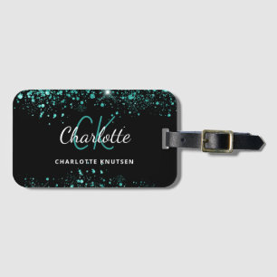 Zwart blauwgroen groen glitterstofmonogram bagagelabel