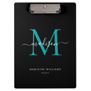 Zwart Blauwgroen Groen Monogram Elegant Script Naa Klembord