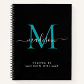 Zwart Blauwgroen Groen Monogram Script Naam Recept Notitieboek (Voorkant)
