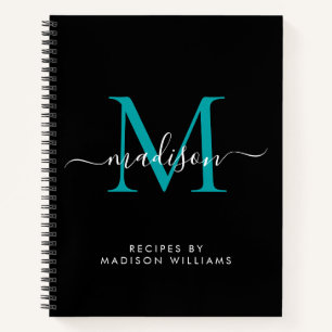 Zwart Blauwgroen Groen Monogram Script Naam Recept Notitieboek