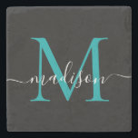 Zwart Blauwgroen Groen Monogram Vrouwelijk Script  Stenen Onderzetter<br><div class="desc">Elegant Modern Zwart Blauwgroen Aqua Green Monogram Vrouwelijk Script Naam Stone Onderzetter</div>