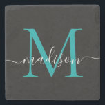 Zwart Blauwgroen Groen Monogram Vrouwelijk Script  Stenen Onderzetter<br><div class="desc">Elegant Modern Zwart Blauwgroen Aqua Green Monogram Vrouwelijk Script Naam Stone Onderzetter</div>