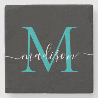 Zwart Blauwgroen Groen Monogram Vrouwelijk Script  Stenen Onderzetter