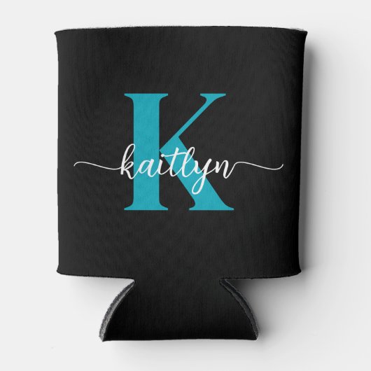 Zwart Blauwgroen monogram Blikjeskoeler (Voorkant)