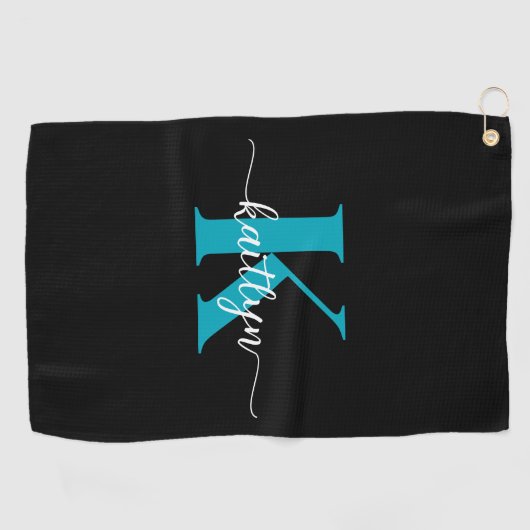 Zwart Blauwgroen monogram Golfhanddoek (Horizontaal)
