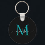 Zwart Blauwgroen monogram naam Elegant modern scri Sleutelhanger<br><div class="desc">Eenvoudige zwarte Blauwgroen groene monogram elegante moderne Script-Sleutelhanger</div>