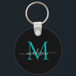 Zwart Blauwgroen monogram naam Elegant modern scri Sleutelhanger<br><div class="desc">Eenvoudige zwarte Blauwgroen groene monogram elegante moderne Script-Sleutelhanger</div>