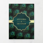 Zwart Blauwgroen Peacock Feathers QR Code Bruiloft Drieluik Uitnodiging (Cover)