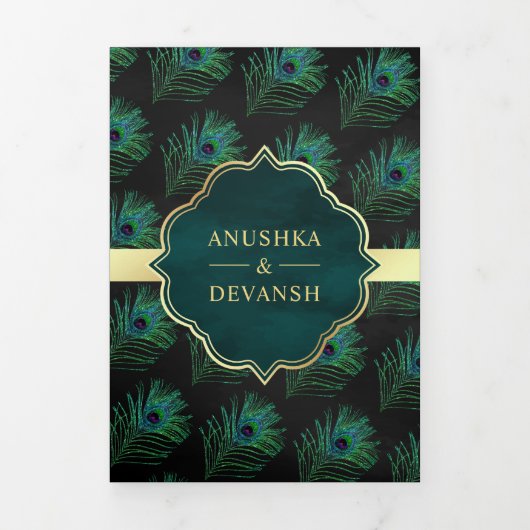 Zwart Blauwgroen Peacock Feathers QR Code Bruiloft Drieluik Uitnodiging (Cover)