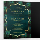 Zwart Blauwgroen Peacock Feathers QR Code Bruiloft Drieluik Uitnodiging (Binnenzijde eerst)