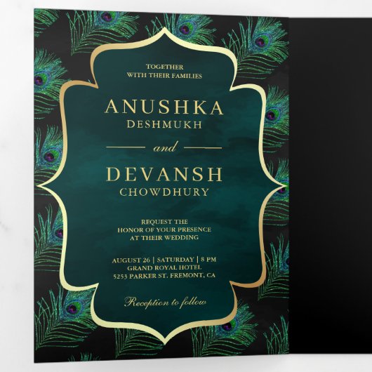 Zwart Blauwgroen Peacock Feathers QR Code Bruiloft Drieluik Uitnodiging (Binnenzijde eerst)