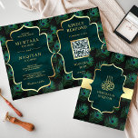 Zwart Blauwgroen Peacock veren QR Code Moslim Brui<br><div class="desc">Verras uw gasten met deze elegante islamitische thema gevouwen bruiloft uitnodiging met een mooi patroon en 'Bismillah' in Arabische kalligrafie met QR Code voor online RSVP. Voeg eenvoudig uw evenementgegevens toe aan deze gebruiksvriendelijke sjabloon om er een unieke uitnodiging van te maken.</div>