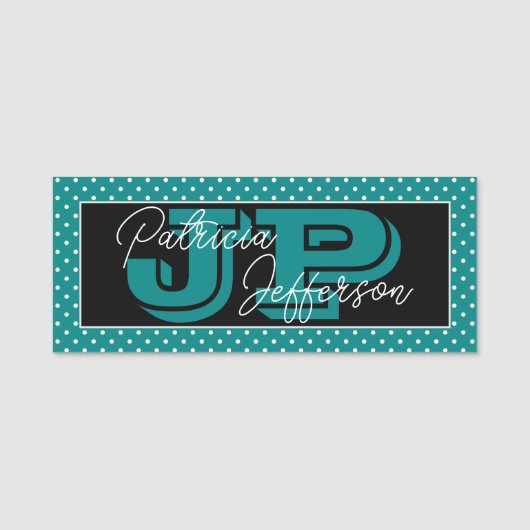 Zwart & Blauwgroen Polka Dot Monogram: Wit Handges Naamplaatje (Voorkant)