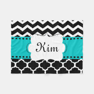 Zwart Blauwgroen Quatrefoil Chevron Monogram Fleece Deken