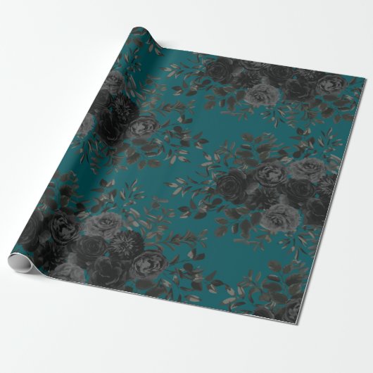 Zwart Blauwgroen Roos Gothic Elegant Wedding Cadeaupapier (Uitgerold)