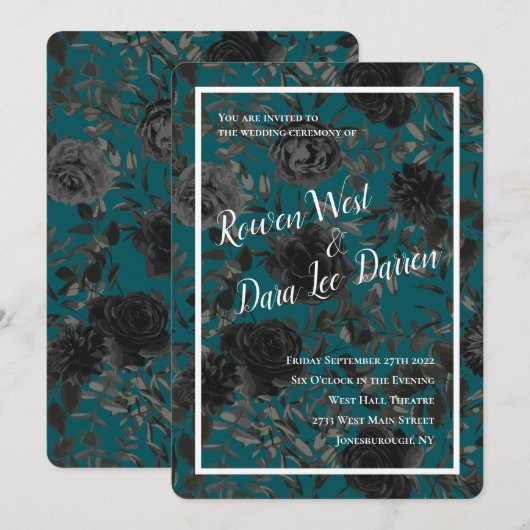 Zwart Blauwgroen Roos Gothic Elegant Wedding Kaart (Voorkant / Achterkant)