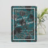 Zwart Blauwgroen Roos Gothic Elegant Wedding Kaart (Staand voorkant)