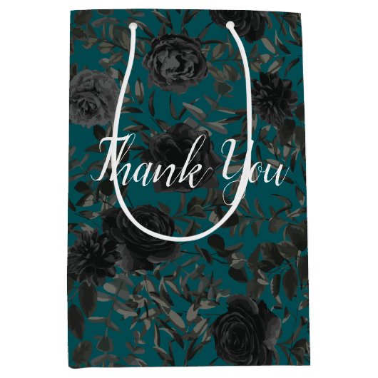 Zwart Blauwgroen Roos Gothic Elegant Wedding Medium Cadeauzakje (Voorkant)