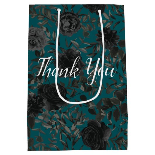 Zwart Blauwgroen Roos Gothic Elegant Wedding Medium Cadeauzakje (Achterkant)