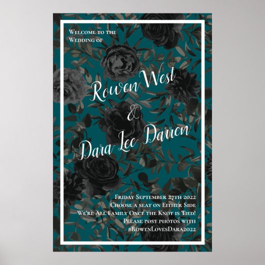 Zwart Blauwgroen Roos Gothic Elegant Wedding Poster (Voorkant)