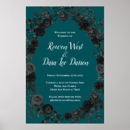 Zwart Blauwgroen Roos Gothic Elegant Wedding Poster