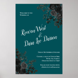 Zwart Blauwgroen Roos Gothic Elegant Wedding Poster