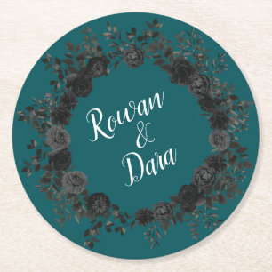 Zwart Blauwgroen Roos Gothic Elegant Wedding Ronde Kartonnen Onderzetter