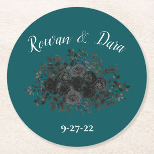 Zwart Blauwgroen Roos Gothic Elegant Wedding Ronde Kartonnen Onderzetter