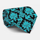 Zwart & blauwgroen turquoise blauw Bloemen Damask Stropdas (Opgerold)